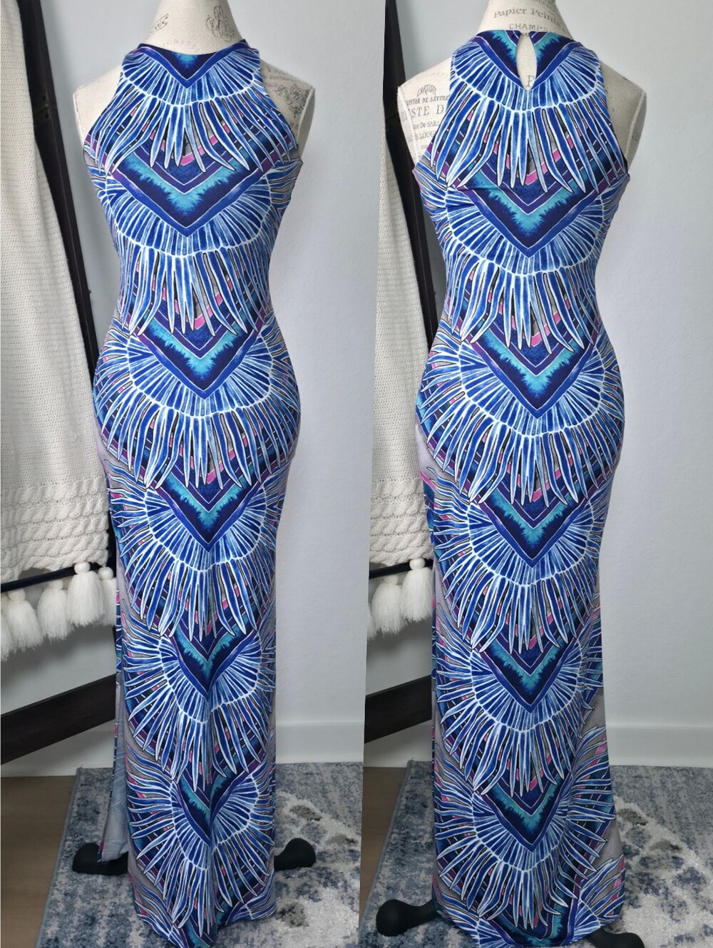 Mara Hoffman Maxi Dress Tropical Print Blue XS Sleeveless Side Slits Bodycon